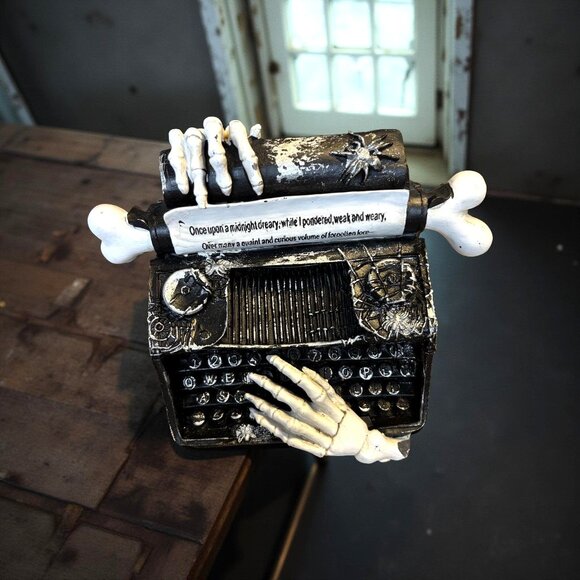 Halloween Typewriter Skeleton Hand Resin Poe Spooky Table Top Decor Figurine - Picture 1 of 9